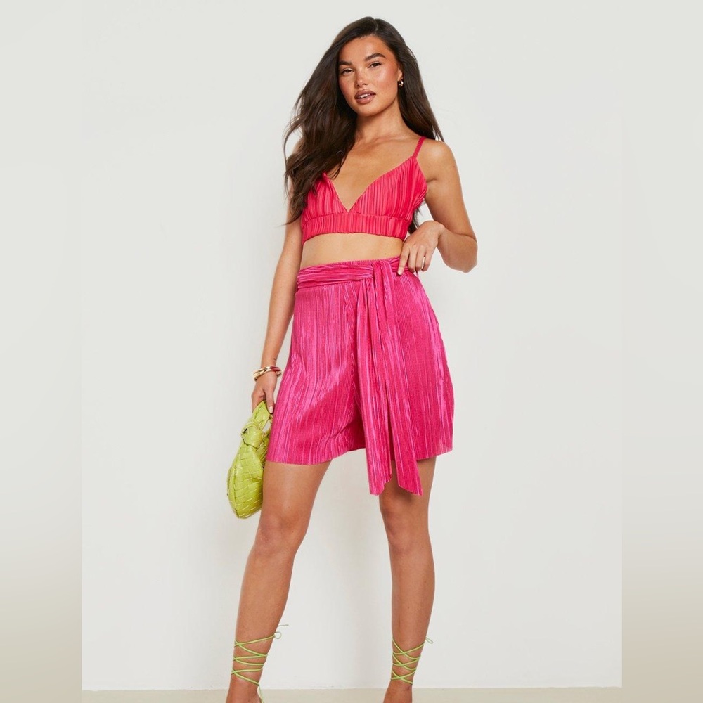 Bright Pink Plisse Belted Shorts